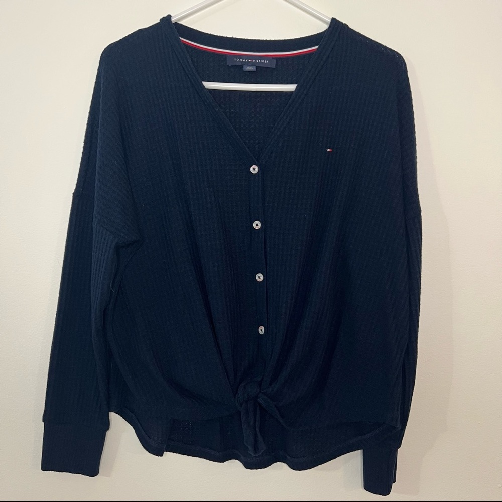 Long Sleeve Navy Tommy Hilfiger tie front shirt